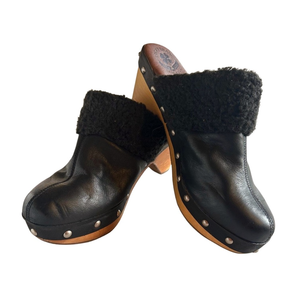 NEW Lucky Brand Black Shearling Clog Heels Studs & Peace Sign Detail | Size 10